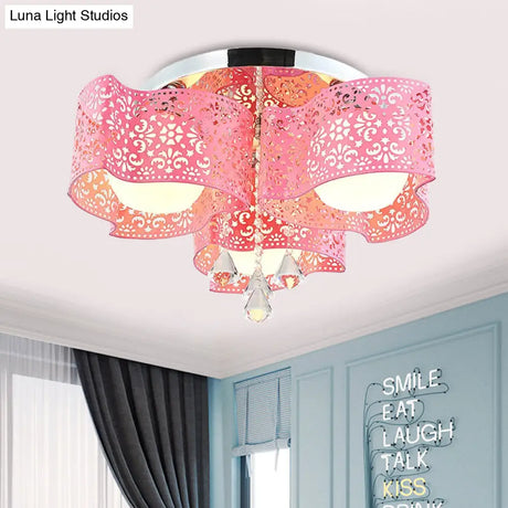 Modernist Crystal Ceiling Lamp With Etched Flower Design 3/5 Lights Opal Glass Ball Shade
