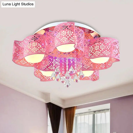 Modernist Crystal Ceiling Lamp With Etched Flower Design 3/5 Lights Opal Glass Ball Shade