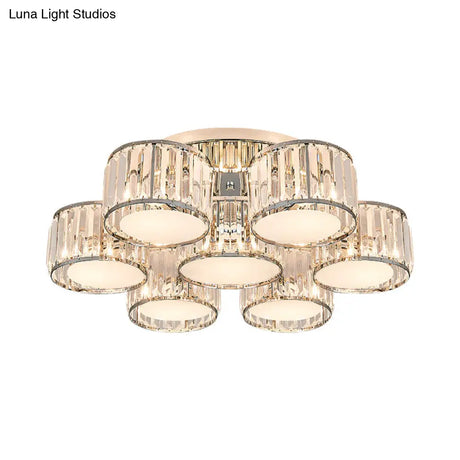 Modernist Crystal Drum Flush Mount Ceiling Lamp In Chrome Finish