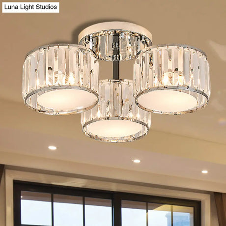 Modernist Crystal Drum Flush Mount Ceiling Lamp In Chrome Finish