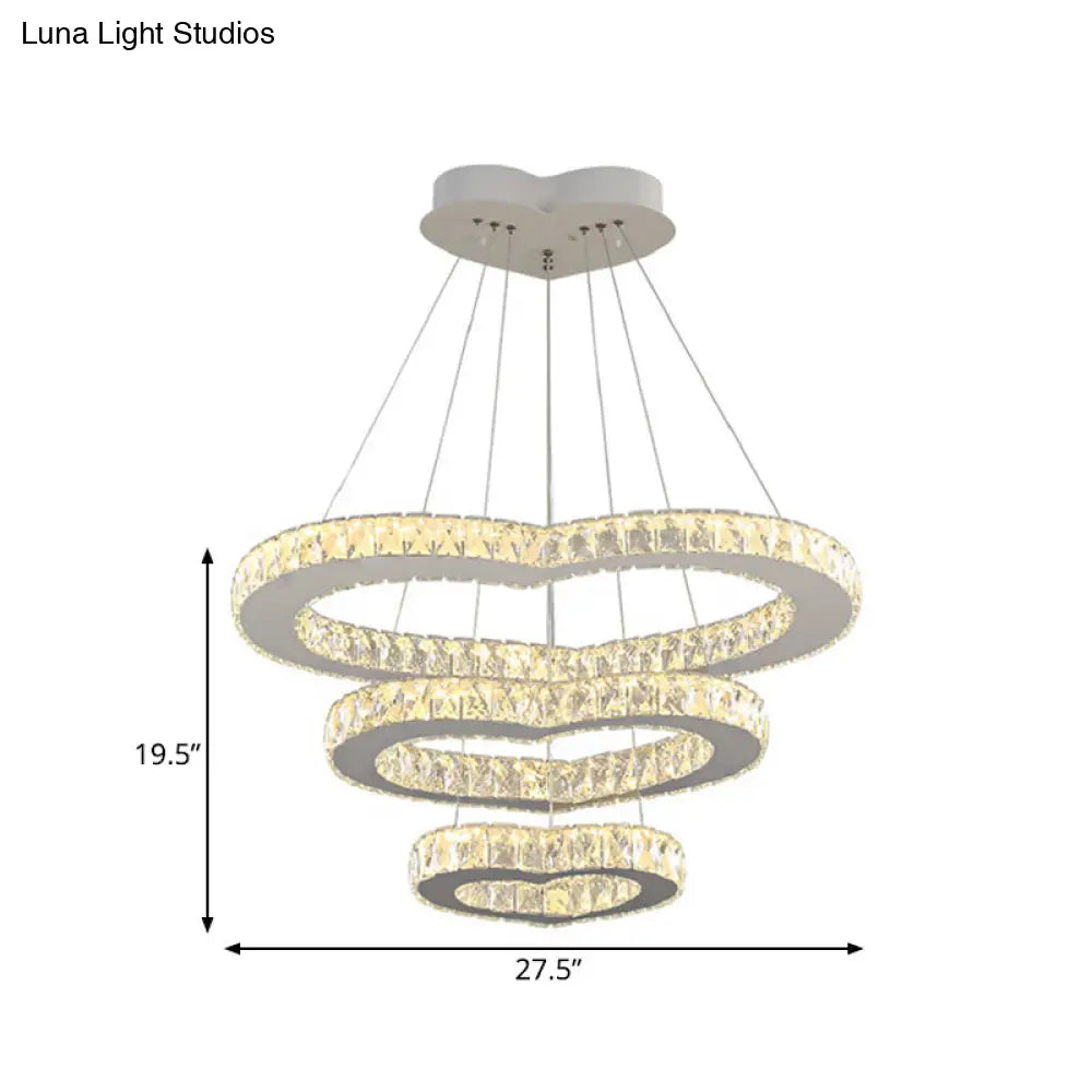 Modern 3-Tier Chrome Chandelier With Crystal Heart Accents And Led Lights