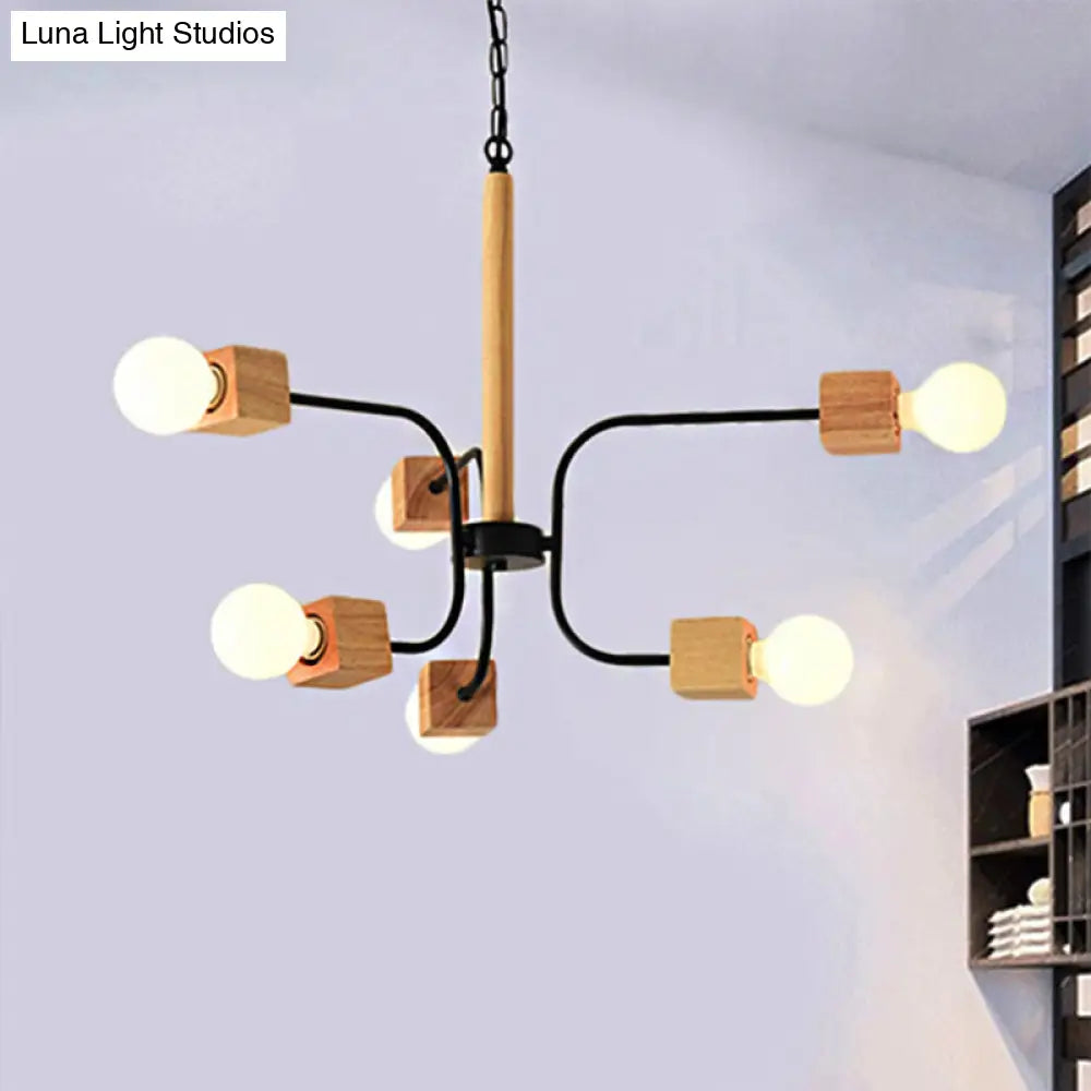 Modernist Curved Arm Pendant Chandelier: White/Black Multi-Light Wood Hanging Lamp With Chain