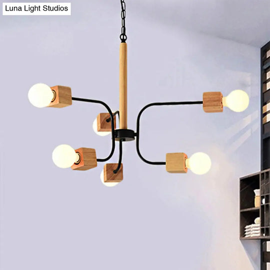 Modernist Curved Arm Pendant Chandelier: White/Black Multi-Light Wood Hanging Lamp With Chain
