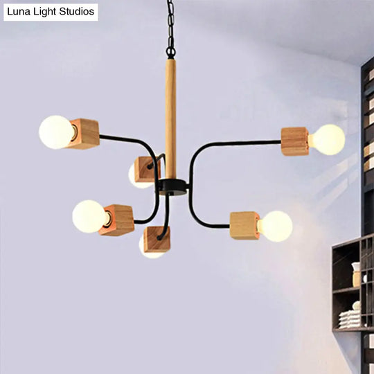 Modern Curved Arm Pendant Chandelier With Multi Lights And Wood Detailing