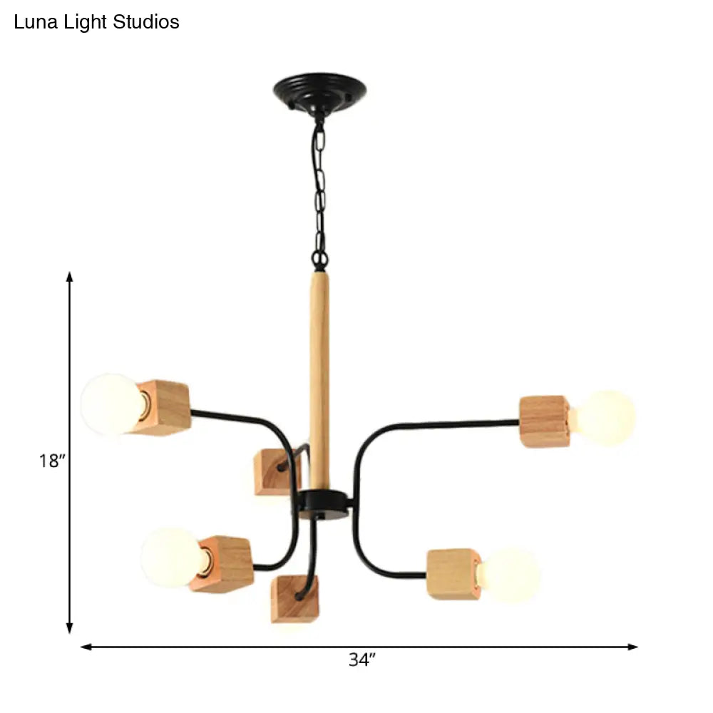 Modernist Curved Arm Pendant Chandelier: White/Black Multi-Light Wood Hanging Lamp With Chain
