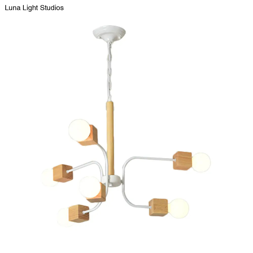 Modernist Curved Arm Pendant Chandelier: White/Black Multi-Light Wood Hanging Lamp With Chain
