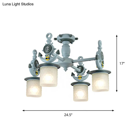 Modernist Cylinder Ceiling Light Fixture With Frosted Dimpled Glass - 4 Bulbs Blue Anchor Design