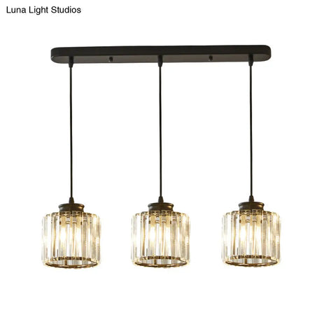 Modernist Drum Crystal Multi-Light Pendant - 3 Lights Black Ceiling Hanging Fixture With