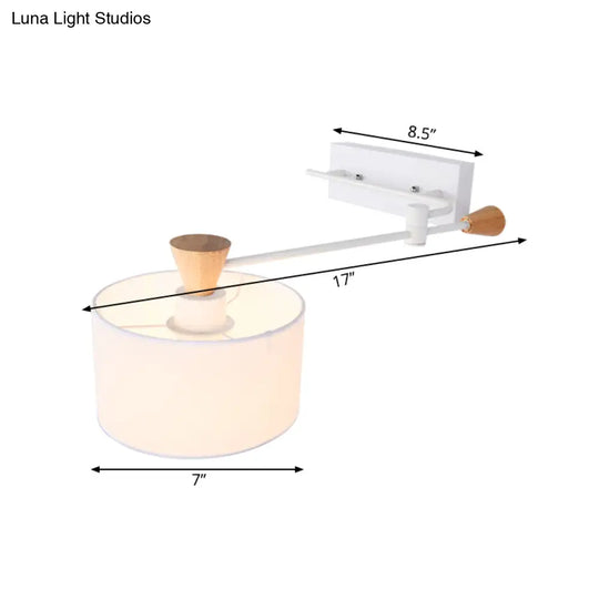 Modernist Drum Fabric Wall Sconce With Rotatable Arm And White Finish