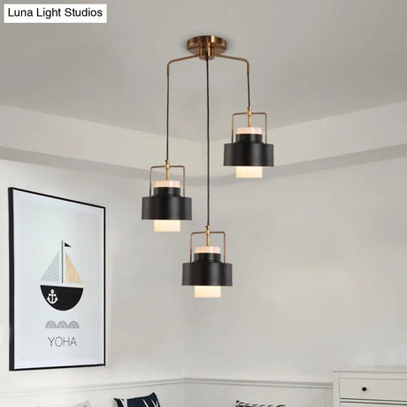Modernist Drum-Shaped Metal Pendant Light - 3-Light Black Finish Suspension Lamp