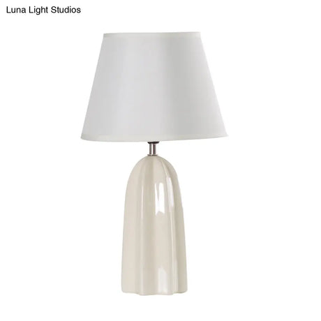 Modernist Fabric Barrel Table Lamp With Prism Ceramics Base - White/Brown Night Light 1 Bulb