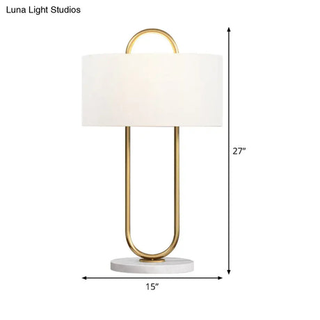 Modernist Fabric Table Lamp With Marble Base - Drum Task Lighting 1 Head 13/15 Wide White
