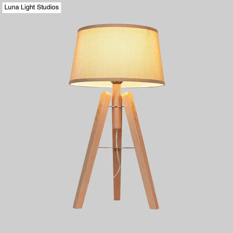 Modernist Fabric Tapered Desk Lamp With Wood Tripod - 1 Bulb Night Table Light In Brown/Beige