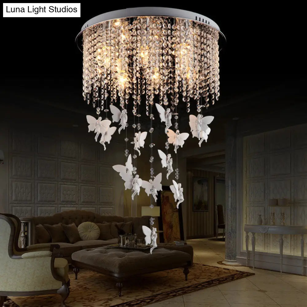 Modernist Flushmount Ceiling Light - Silver Round Cascading Glass Crystals 5/8/10 Lights
