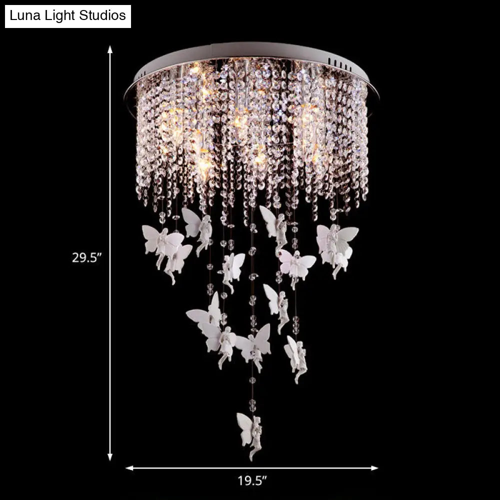 Silver Round Flush Ceiling Light - Modernist Cascading Glass Crystal Shade 5/8/10 Lights