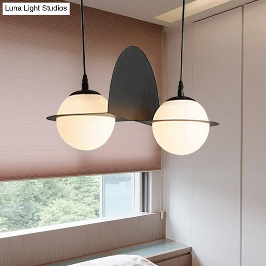 Modernist Ball White Glass Cluster Pendant Light - Straight/Curved Design 2/3 Lights Black Led