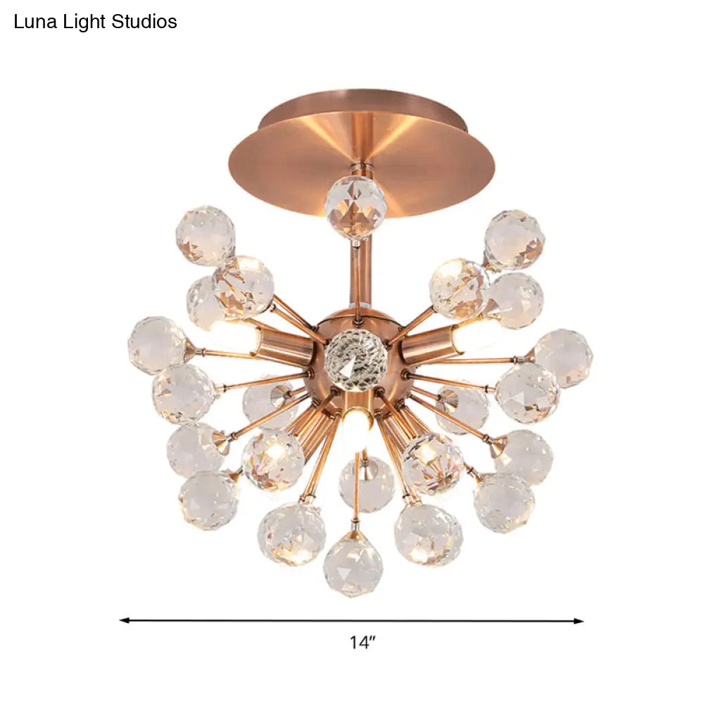 Modernist Globe Semi-Flush Mount Crystal Ceiling Light Fixture With Brass Finish - 6 Bulbs