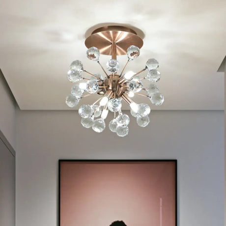 Modernist Globe Semi-Flush Mount Crystal Ceiling Light Fixture With Brass Finish - 6 Bulbs