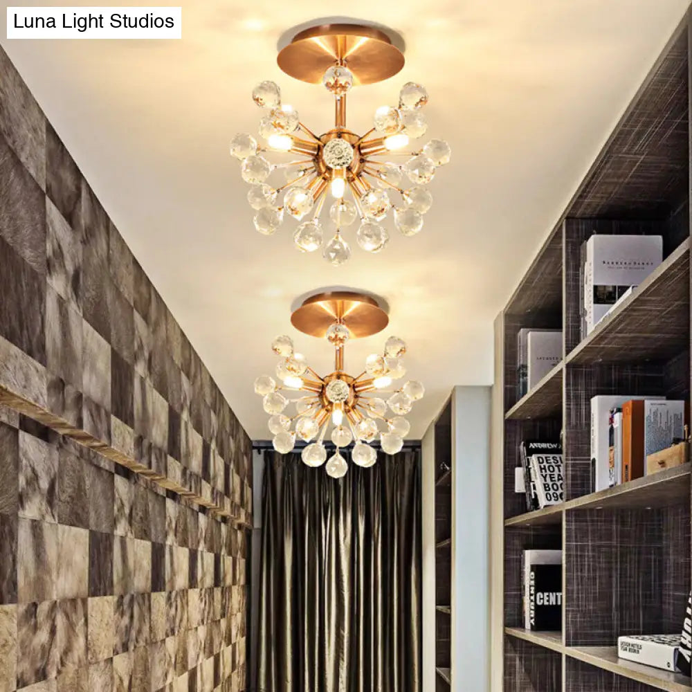 Modernist Globe Semi-Flush Mount Crystal Ceiling Light Fixture With Brass Finish - 6 Bulbs