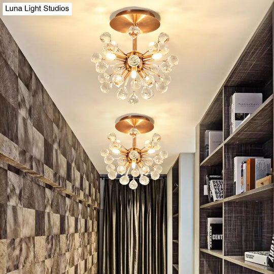 Modernist Globe Semi-Flush Mount Crystal Ceiling Light Fixture With Brass Finish - 6 Bulbs