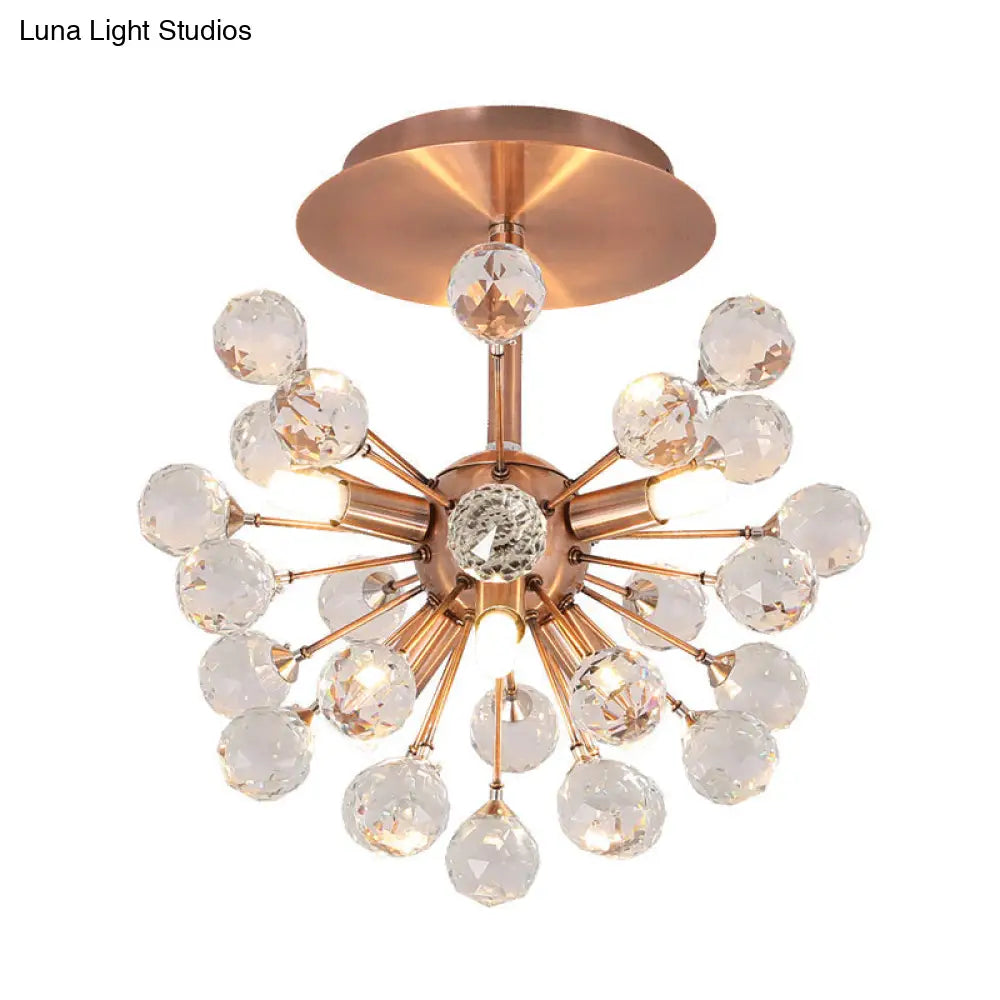 Modernist Globe Semi-Flush Mount Crystal Ceiling Light Fixture With Brass Finish - 6 Bulbs