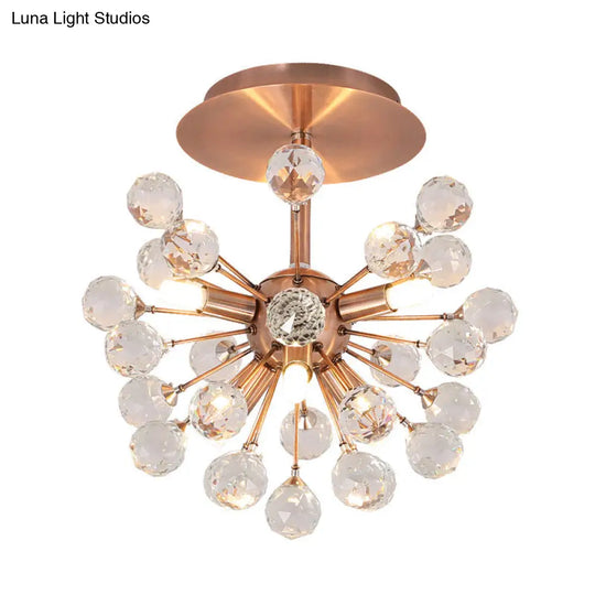 Modernist Globe Semi-Flush Mount Crystal Ceiling Light Fixture With Brass Finish - 6 Bulbs