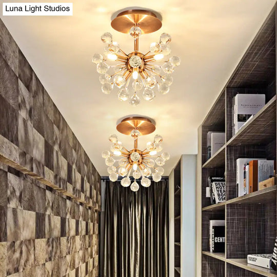Modernist Globe Semi-Flush Mount Crystal Ceiling Light Fixture With Brass Finish - 6 Bulbs