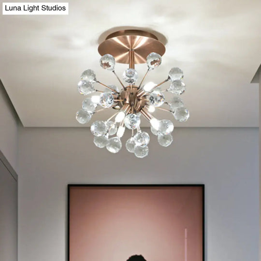 Modernist Globe Semi-Flush Mount Crystal Ceiling Light Fixture With Brass Finish - 6 Bulbs