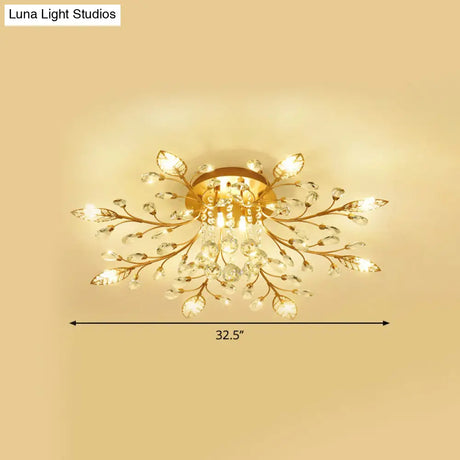 Modernist Gold Branch Ceiling Fixture With Faceted Crystal Semi Flush Mount Lighting - 5 Or 8 Bulbs