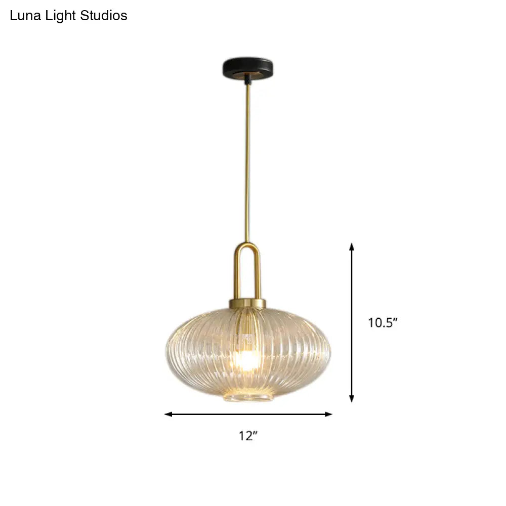 Modernist Gold Glass Pendant Light - Clear Ribbed Cylindrical/Drum/Globe Design 1 6’/8’/12’