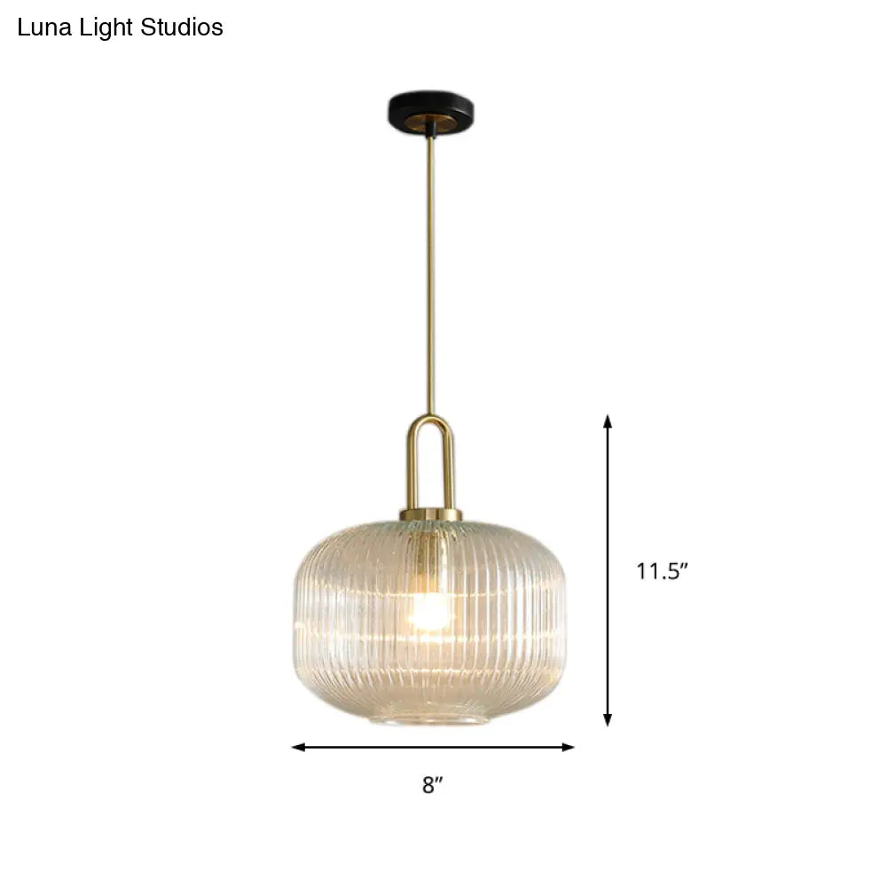 Modernist Gold Glass Pendant Light - Clear Ribbed Cylindrical/Drum/Globe Design 1 6’/8’/12’
