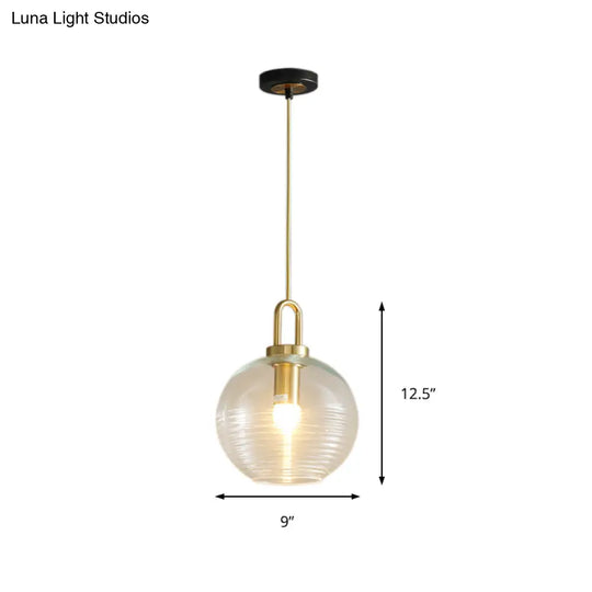 Modernist Gold Glass Pendant Light - Clear Ribbed Cylindrical/Drum/Globe Design 1 6’/8’/12’