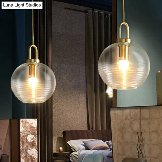 Modernist Gold Glass Pendant Light - Clear Ribbed Cylindrical/Drum/Globe Design 1 6’/8’/12’