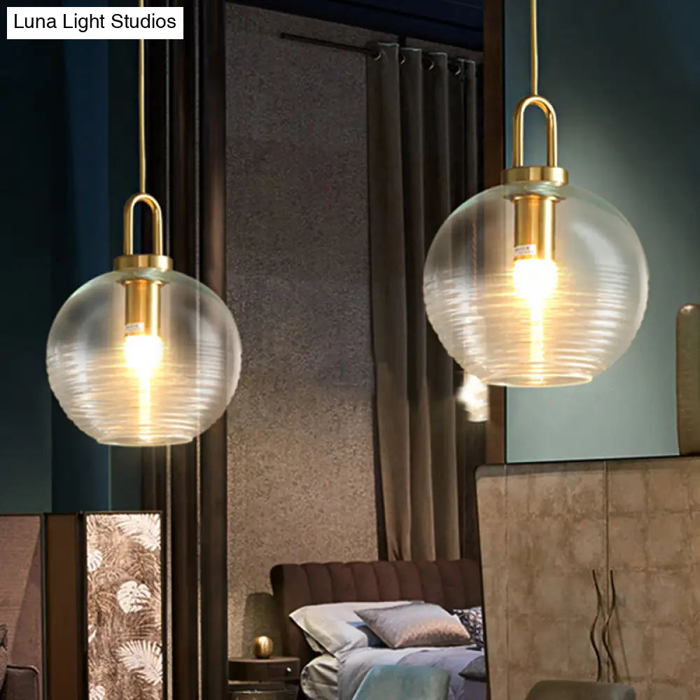 Modernist Clear Ribbed Glass Pendant Hanging Lamp Fixture - 1 Light Gold 6/8/12 Wide For Kitchen / 9