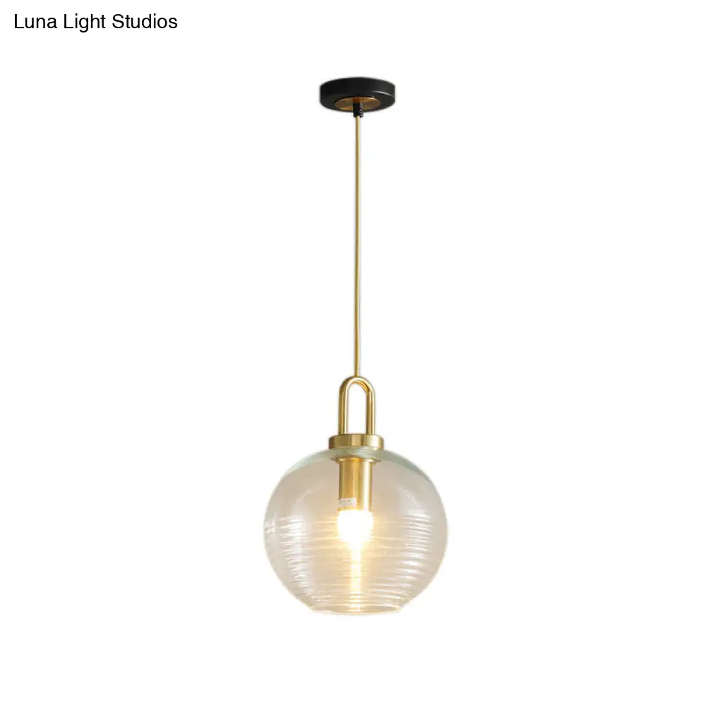 Modernist Gold Glass Pendant Light - Clear Ribbed Cylindrical/Drum/Globe Design 1 6’/8’/12’