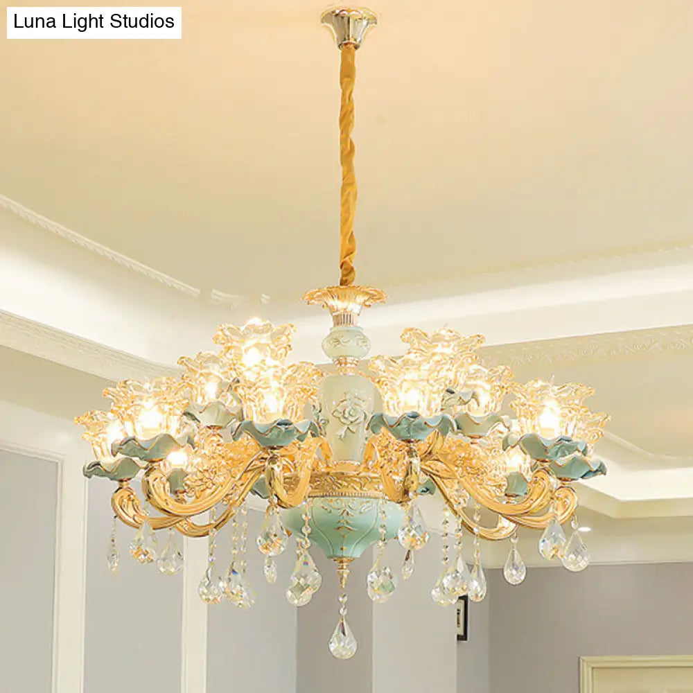 Modernist Gold Pendant Light With Clear Textured Glass Petals And Crystal Accent - Elegant Hanging