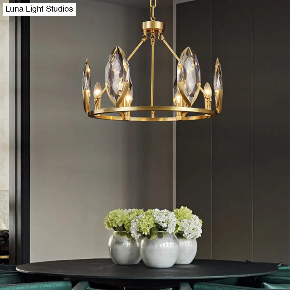Modernist Gold Ring Chandelier With Crystal Shades - 6/8 Bulbs Hanging Light Kit For Living Room