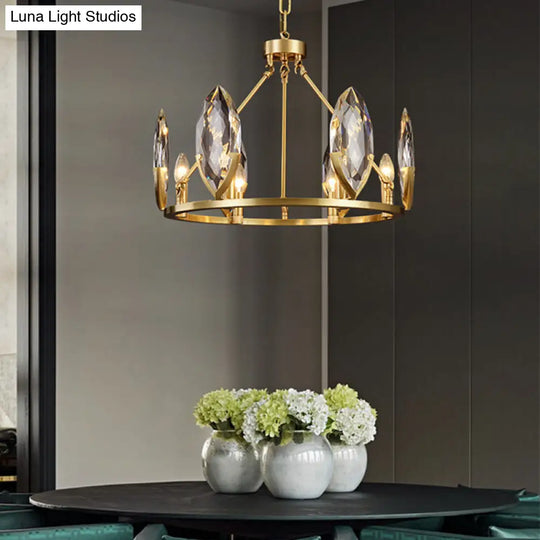 Modernist Gold Ring Chandelier With Crystal Shades - 6/8 Bulbs Hanging Light Kit For Living Room