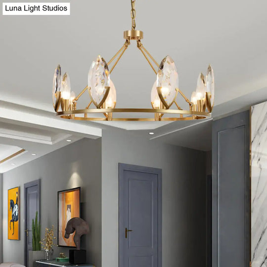 Modern Gold Ring Chandelier With Oval Crystal Shade - Living Room Hanging Light Kit (6/8 Bulbs)