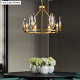 Modernist Gold Ring Chandelier With Crystal Shades - 6/8 Bulbs Hanging Light Kit For Living Room