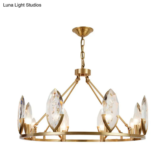 Modernist Gold Ring Chandelier With Crystal Shades - 6/8 Bulbs Hanging Light Kit For Living Room
