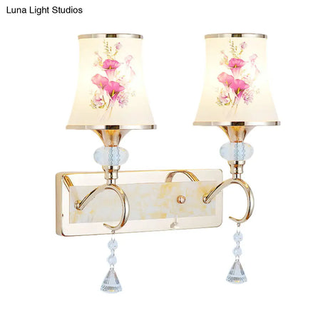 Modernist Gold Wall Mount Lamp With Arced Painted Glass Shade For Bedroom Lighting
