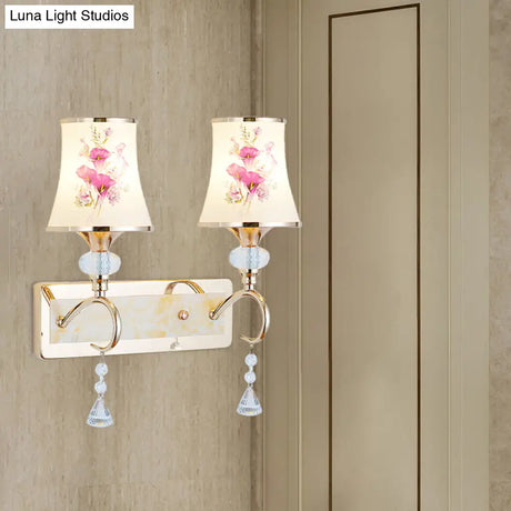Modernist Gold Wall Mount Lamp With Arced Painted Glass Shade For Bedroom Lighting