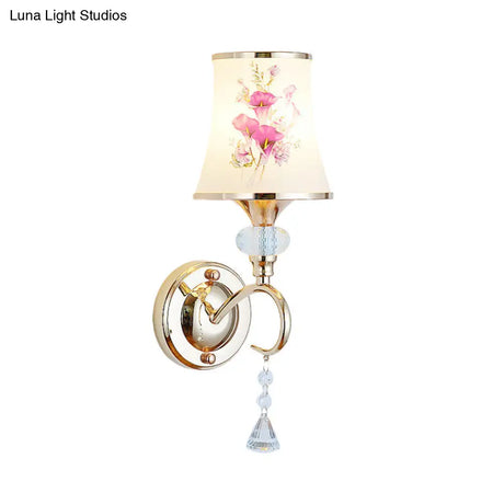 Modernist Gold Wall Mount Lamp With Arced Painted Glass Shade For Bedroom Lighting