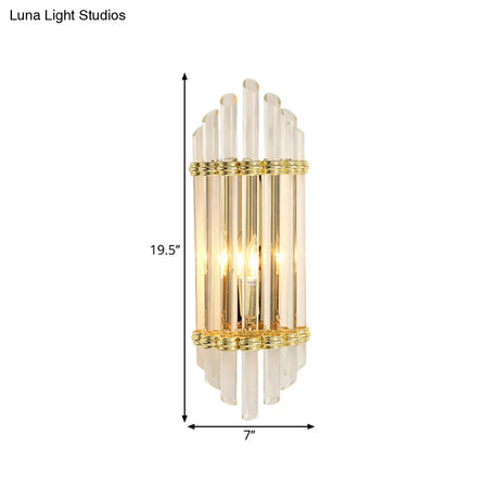 Modernist Gold Wall Sconce Lamp With Arced Crystal Tubes - 2-Light Mount Fixture