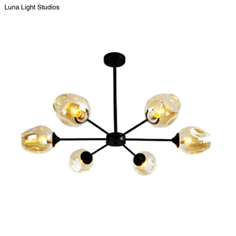 Modernist Hanging Chandelier - Black/Chrome Sputnik Suspension Pendant With Blue/Amber Glass Shade