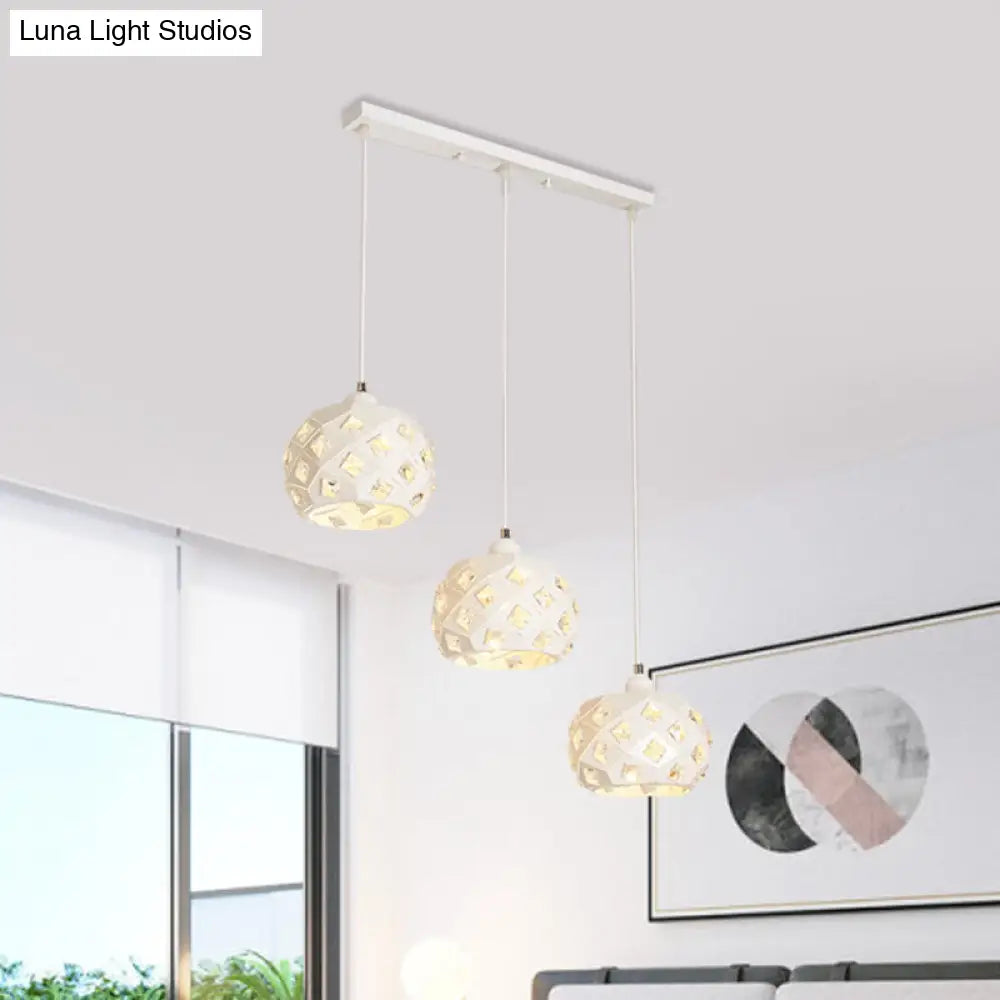 Modernist Iron Drum Multiple Hanging Lamp With Down Lighting - White Finish Crystal Accents 3 Lights