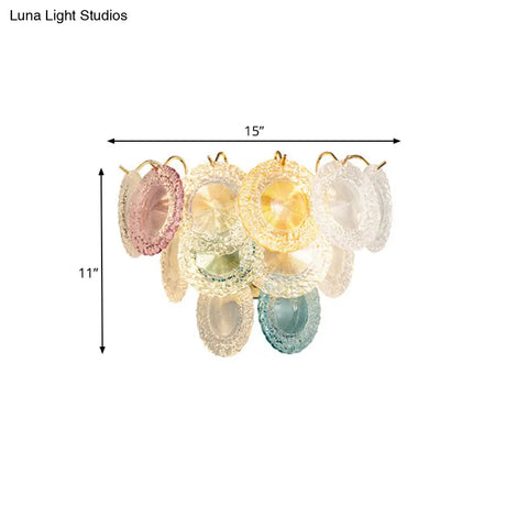 Modernist Layered Disc Wall Light In Pink And Blue Glass - 5-Bulb Wall-Mounted Lighting Fixture For