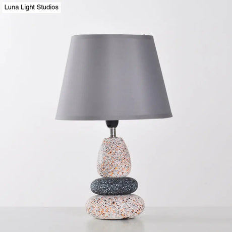 Modernist Led Night Table Lamp In Black/Grey Ceramic Stone Shape With Fabric Shade