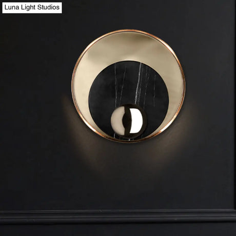 Modernist Led Sconce Lighting: Round Marble White/Black Wall Lamp With Gold Metal Backplate